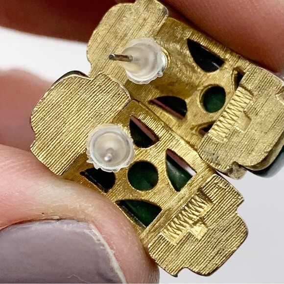 Green faux stone and gold tone chunky half hoop earrings - Picture 11 of 11